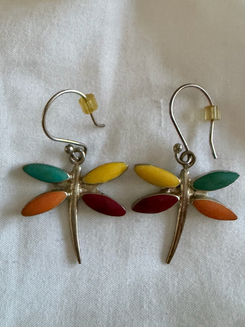 Teal/Red/Orange/Yellow Dragonfly 925 Sterling Silver Dangle Earrings Mexico